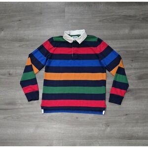Land's End Youth Boys L ( 14-16 ) Rugby Long Sleeve Polo Shirt Striped EUC